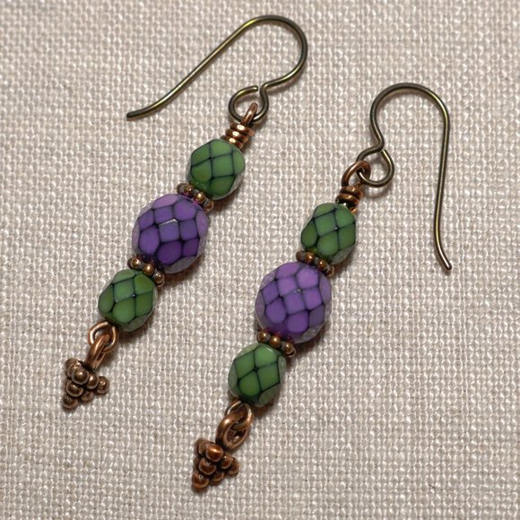 Hand Crafted Handmade Earrings Green & Purple Snake Skin Patterned Long … - Picture 1 of 5